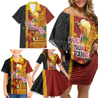 Papua New Guinea Independence Day Family Matching Off Shoulder Short Dress and Hawaiian Shirt Birds-of-Paradise Melanesian Tattoos Tropical Plants LT03 - Polynesian Pride