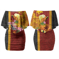 Papua New Guinea Independence Day Family Matching Off Shoulder Short Dress and Hawaiian Shirt Birds-of-Paradise Melanesian Tattoos Tropical Plants LT03 Mom's Dress Multicolor - Polynesian Pride