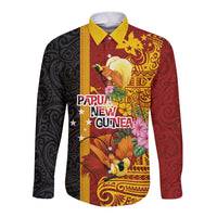 Papua New Guinea Independence Day Long Sleeve Button Shirt Birds-of-Paradise Melanesian Tattoos Tropical Plants