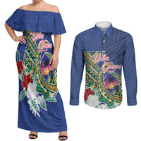 Guam Chamorro Couples Matching Off Shoulder Maxi Dress and Long Sleeve Button Shirt Tribal Latte Stone and Seal Artwork Polynesian Patterns