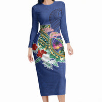 Guam Chamorro Long Sleeve Bodycon Dress Tribal Latte Stone and Seal Artwork Polynesian Patterns LT03 Long Dress Multicolor - Polynesian Pride