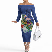 Guam Chamorro Off The Shoulder Long Sleeve Dress Tribal Latte Stone and Seal Artwork Polynesian Patterns LT03 Women Multicolor - Polynesian Pride