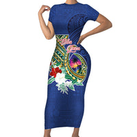 Guam Chamorro Short Sleeve Bodycon Dress Tribal Latte Stone and Seal Artwork Polynesian Patterns