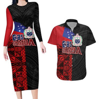 Personalised Samoa 685 Couples Matching Long Sleeve Bodycon Dress and Hawaiian Shirt Siapo Pattern and Samoa Flag Design LT03 Black - Polynesian Pride
