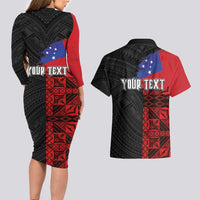 Personalised Samoa 685 Couples Matching Long Sleeve Bodycon Dress and Hawaiian Shirt Siapo Pattern and Samoa Flag Design LT03 - Polynesian Pride