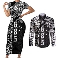 Samoa 685 Art Traditional Tattoo Pattern Couples Matching Short Sleeve Bodycon Dress and Long Sleeve Button Shirt Black Color