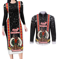 Vanuatu Christmas Couples Matching Long Sleeve Bodycon Dress and Long Sleeve Button Shirts Polynesian Tribal Snow Style LT03 Black - Polynesian Pride
