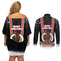 Vanuatu Christmas Couples Matching Off Shoulder Short Dress and Long Sleeve Button Shirts Polynesian Tribal Snow Style LT03 - Polynesian Pride