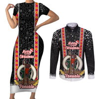 Personalised Vanuatu Christmas Couples Matching Short Sleeve Bodycon Dress and Long Sleeve Button Shirts Polynesian Tribal Snow Style LT03 Black - Polynesian Pride