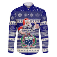 Custom Samoa Christmas Family Matching Short Sleeve Bodycon Dress and Hawaiian Shirt The Santa Coat of Arms with Samoa Bracelet Pattern LT03 Dad's Shirt - Long Sleeve Blue - Polynesian Pride
