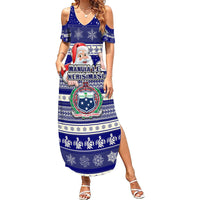 Custom Samoa Christmas Family Matching Summer Maxi Dress and Hawaiian Shirt The Santa Coat of Arms with Samoa Bracelet Pattern LT03 Mom's Dress Blue - Polynesian Pride