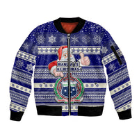 Custom Samoa Christmas Sleeve Zip Bomber Jacket The Santa Coat of Arms with Samoa Bracelet Pattern LT03 Unisex Blue - Polynesian Pride