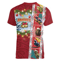 New Zealand Merry Christmas Women V-Neck T-Shirt Maori Animals, Koru Tattoo - Red Xmas Style