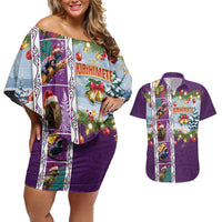 New Zealand Merry Christmas Couples Matching Off Shoulder Short Dress and Hawaiian Shirt Maori Animals, Koru Tattoo - Purple Xmas Style