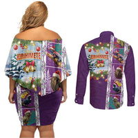 New Zealand Merry Christmas Couples Matching Off Shoulder Short Dress and Long Sleeve Button Shirt Maori Animals, Koru Tattoo - Purple Xmas Style
