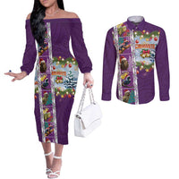 New Zealand Merry Christmas Couples Matching Off The Shoulder Long Sleeve Dress and Long Sleeve Button Shirt Maori Animals, Koru Tattoo - Purple Xmas Style