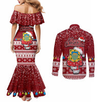 Tuvalu Christmas Couples Matching Mermaid Dress and Long Sleeve Button Shirt Snowman and Tuvalu Coat of Arms Maori Tribal Xmas Style LT03 - Polynesian Pride