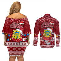 Tuvalu Christmas Couples Matching Off Shoulder Short Dress and Long Sleeve Button Shirt Snowman and Tuvalu Coat of Arms Maori Tribal Xmas Style LT03 - Polynesian Pride