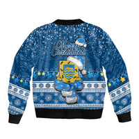Tuvalu Christmas Sleeve Zip Bomber Jacket Snowman Hugs Tuvalu Coat of Arms Maori Pattern Blue Style LT03 - Polynesian Pride