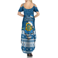 Tuvalu Christmas Summer Maxi Dress Snowman Hugs Tuvalu Coat of Arms Maori Pattern Blue Style LT03 - Polynesian Pride