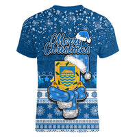 Tuvalu Christmas Women V Neck T Shirt Snowman Hugs Tuvalu Coat of Arms Maori Pattern Blue Style LT03 - Polynesian Pride