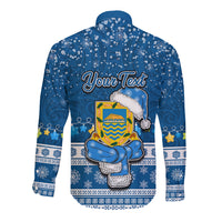 Personalised Tuvalu Christmas Long Sleeve Button Shirt Snowman Hugs Tuvalu Coat of Arms Maori Pattern Blue Style LT03 - Polynesian Pride