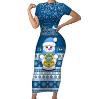 Personalised Tuvalu Christmas Short Sleeve Bodycon Dress Snowman Hugs Tuvalu Coat of Arms Maori Pattern Blue Style LT03 Long Dress Blue - Polynesian Pride