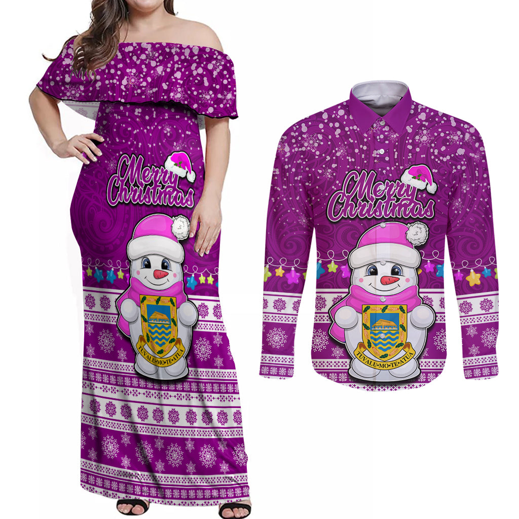 Personalised Tuvalu Christmas Couples Matching Off Shoulder Maxi Dress and Long Sleeve Button Shirt Snowman Hugs Tuvalu Coat of Arms Maori Pattern Pink Style LT03 Pink - Polynesian Pride