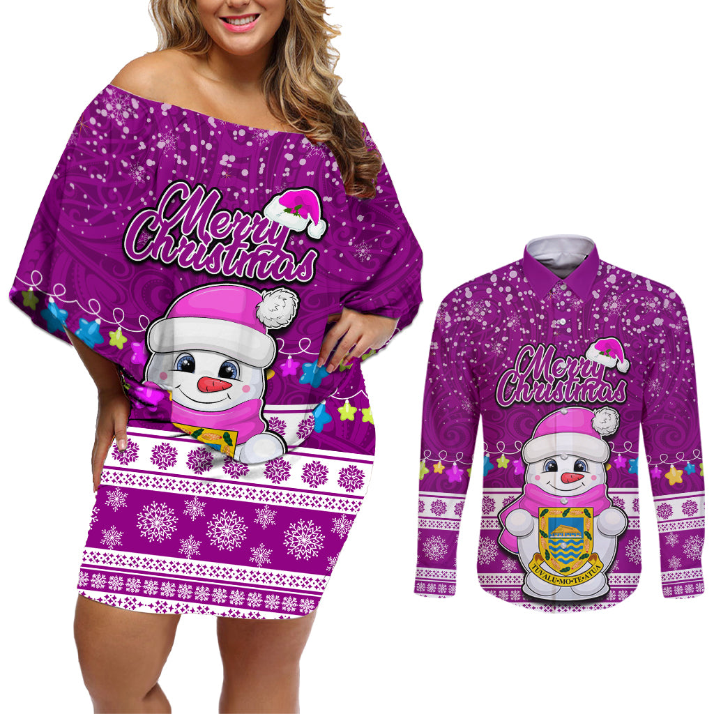Personalised Tuvalu Christmas Couples Matching Off Shoulder Short Dress and Long Sleeve Button Shirt Snowman Hugs Tuvalu Coat of Arms Maori Pattern Pink Style LT03 Pink - Polynesian Pride