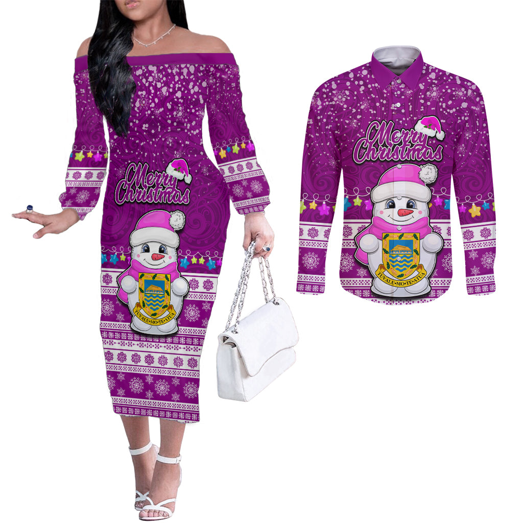 Personalised Tuvalu Christmas Couples Matching Off The Shoulder Long Sleeve Dress and Long Sleeve Button Shirt Snowman Hugs Tuvalu Coat of Arms Maori Pattern Pink Style LT03 Pink - Polynesian Pride
