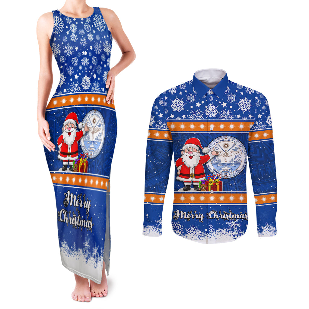 Personalised Marshall Islands Christmas Couples Matching Tank Maxi Dress and Long Sleeve Button Shirt Santa Claus and Coat of Arms Mix Polynesian Xmas Style LT03 Blue - Polynesian Pride