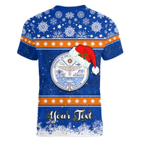 Personalised Marshall Islands Christmas Women V Neck T Shirt Santa Claus and Coat of Arms Mix Polynesian Xmas Style LT03 - Polynesian Pride