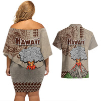 Hawaii Couples Matching Off Shoulder Short Dress and Hawaiian Shirt Aloha Volcano Mix Kakau Hawaiian Tribal LT03 - Polynesian Pride