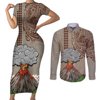 Hawaii Couples Matching Short Sleeve Bodycon Dress and Long Sleeve Button Shirt Aloha Volcano Mix Kakau Hawaiian Tribal LT03 Beige - Polynesian Pride