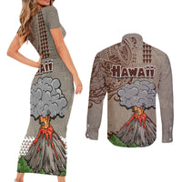 Hawaii Couples Matching Short Sleeve Bodycon Dress and Long Sleeve Button Shirt Aloha Volcano Mix Kakau Hawaiian Tribal LT03 - Polynesian Pride