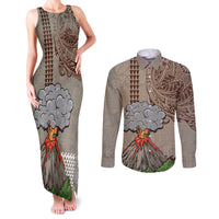 Hawaii Couples Matching Tank Maxi Dress and Long Sleeve Button Shirt Aloha Volcano Mix Kakau Hawaiian Tribal LT03 Beige - Polynesian Pride