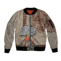 Hawaii Sleeve Zip Bomber Jacket Aloha Volcano Mix Kakau Hawaiian Tribal LT03 Unisex Beige - Polynesian Pride