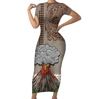 Aloha Volcano Custom Family Matching Short Sleeve Bodycon Dress and Hawaiian Shirt Mix Hawaiian Kakau Tribal LT03 Mom's Dress Beige - Polynesian Pride