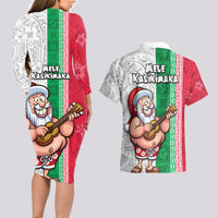 Hawaii Mele Kalikimaka Couples Matching Long Sleeve Bodycon Dress and Hawaiian Shirt Santa Playing Ukele Mix Kakau Pattern Xmas Style LT03 - Polynesian Pride