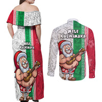 Hawaii Mele Kalikimaka Couples Matching Off Shoulder Maxi Dress and Long Sleeve Button Shirt Santa Playing Ukele Mix Kakau Pattern Xmas Style LT03 - Polynesian Pride