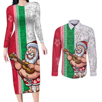 Custom Hawaii Mele Kalikimaka Couples Matching Long Sleeve Bodycon Dress and Long Sleeve Button Shirt Santa Playing Ukele Mix Kakau Pattern Xmas Style LT03 Red - Polynesian Pride