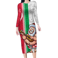 Custom Hawaii Mele Kalikimaka Family Matching Long Sleeve Bodycon Dress and Hawaiian Shirt Santa Playing Ukele Mix Kakau Pattern Xmas Style LT03 Mom's Dress Red - Polynesian Pride