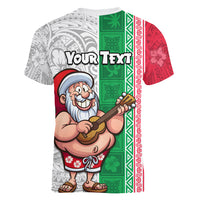 Custom Hawaii Mele Kalikimaka Women V Neck T Shirt Santa Playing Ukele Mix Kakau Pattern Xmas Style LT03 - Polynesian Pride