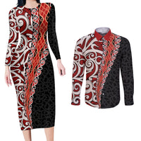 New Zealand Maori Stylized Koru Couples Matching Long Sleeve Bodycon Dress and Long Sleeve Button Shirt LT03 Red - Polynesian Pride