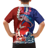 Hawaiian and Japanese Together Family Matching Off The Shoulder Long Sleeve Dress and Hawaiian Shirt The Whale and Koi Fish with Hinomaru and Lei LT03 - Polynesian Pride