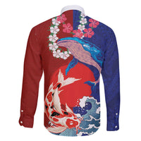 Hawaiian and Japanese Together Family Matching Off The Shoulder Long Sleeve Dress and Hawaiian Shirt The Whale and Koi Fish with Hinomaru and Lei LT03 - Polynesian Pride