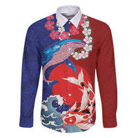 Hawaiian and Japanese Together Family Matching Off Shoulder Short Dress and Hawaiian Shirt The Whale and Koi Fish with Hinomaru and Lei LT03 Dad's Shirt - Long Sleeve Blue - Polynesian Pride