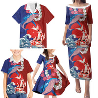 Hawaiian and Japanese Together Family Matching Puletasi and Hawaiian Shirt The Whale and Koi Fish with Hinomaru and Lei
