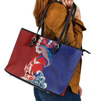 Hawaiian and Japanese Together Leather Tote Bag The Whale and Koi Fish with Hinomaru and Lei