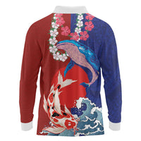 Hawaiian and Japanese Together Long Sleeve Polo Shirt The Whale and Koi Fish with Hinomaru and Lei